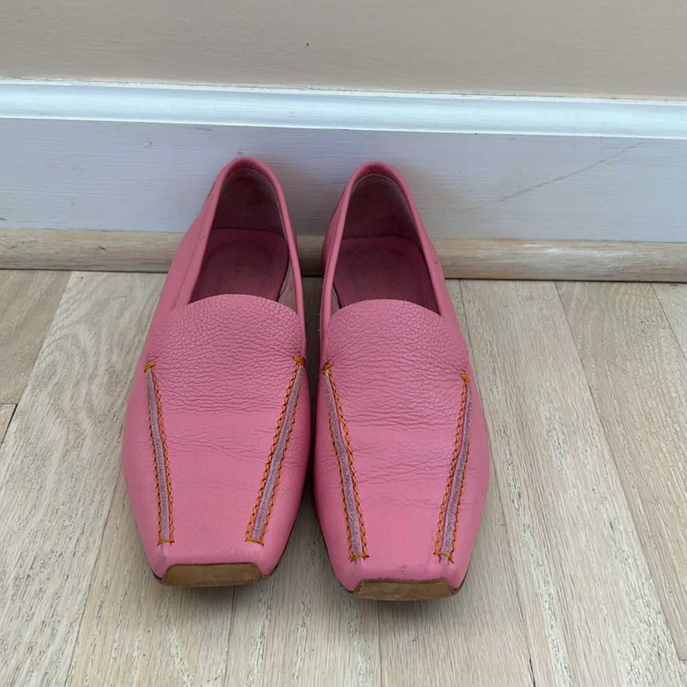 kate spade Pink Leather Slip-On Loafers with Orange Stitching